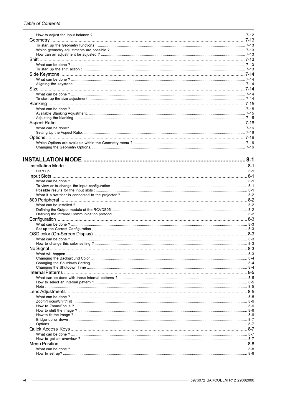 Installation mode -1 | Barco R9001490 User Manual | Page 6 / 93