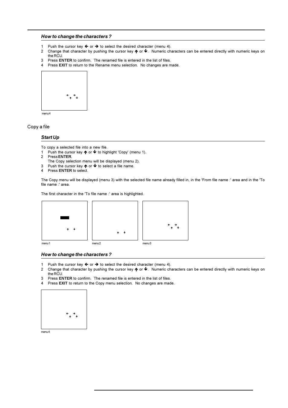 Random access adjustment mode, How to change the characters, Copy a file start up | Barco R9001490 User Manual | Page 60 / 93