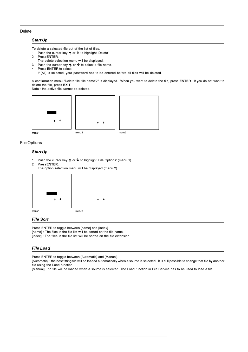 Random access adjustment mode, Delete start up, File options start up | File sort, File load | Barco R9001490 User Manual | Page 61 / 93