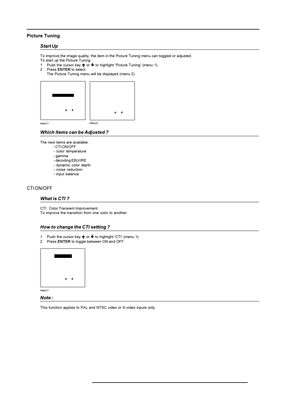 Random access adjustment mode, Picture tuning start up, Which items can be adjusted | Cti on/off what is cti, How to change the cti setting | Barco R9001490 User Manual | Page 62 / 93