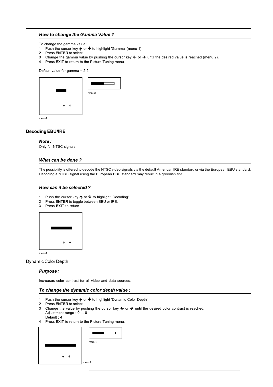 Random access adjustment mode, How to change the gamma value, What can be done | How can it be selected, Dynamic color depth purpose | Barco R9001490 User Manual | Page 64 / 93