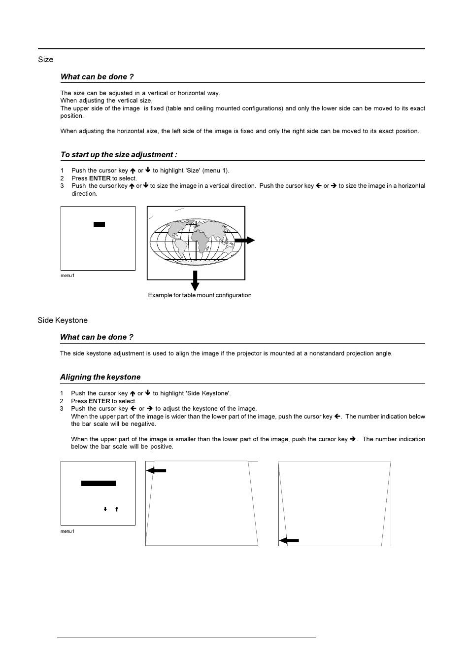 Random access adjustment mode, Size what can be done, Side keystone what can be done | Aligning the keystone | Barco R9001490 User Manual | Page 67 / 93