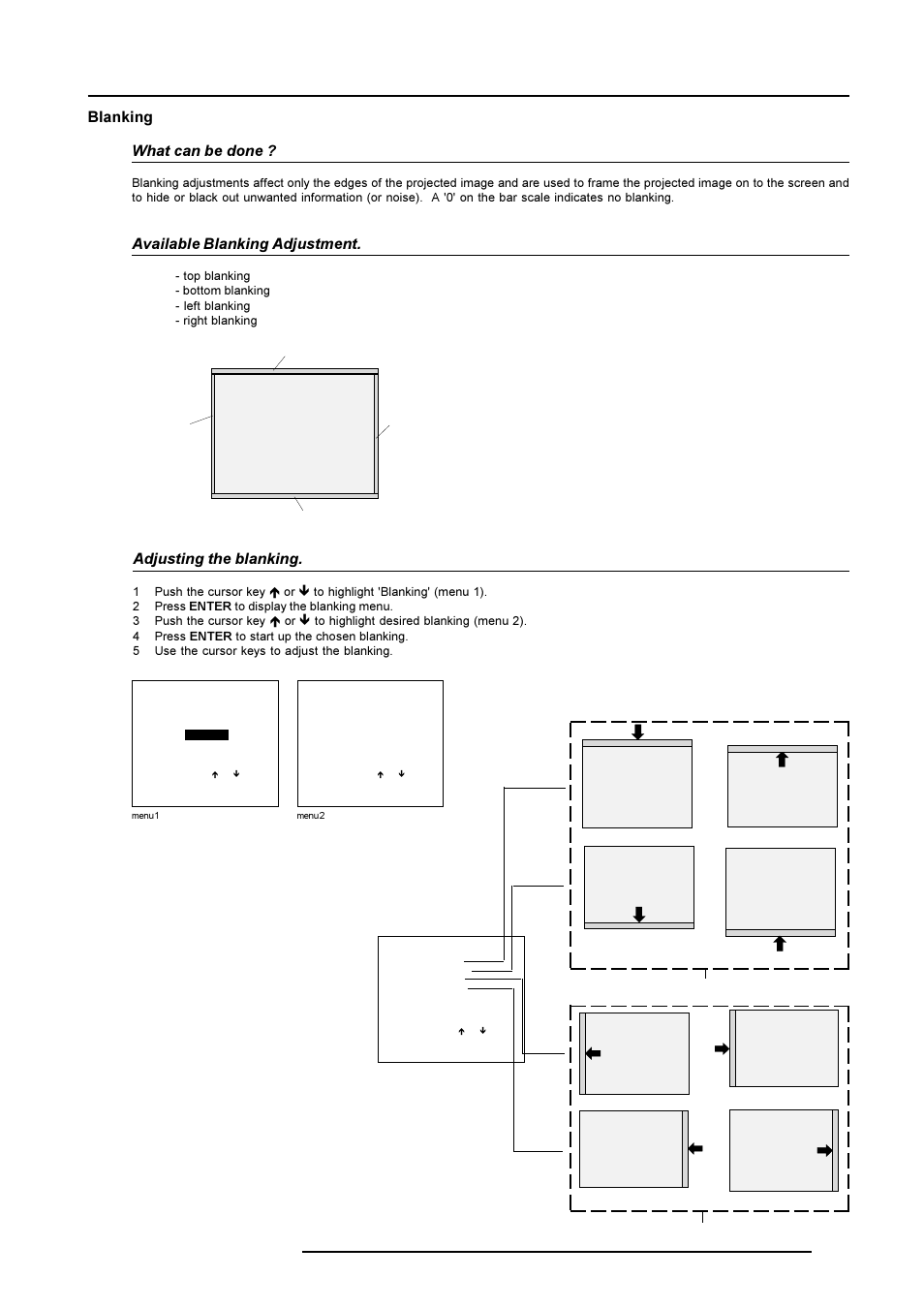 Random access adjustment mode, Blanking what can be done, Available blanking adjustment | Adjusting the blanking | Barco R9001490 User Manual | Page 68 / 93