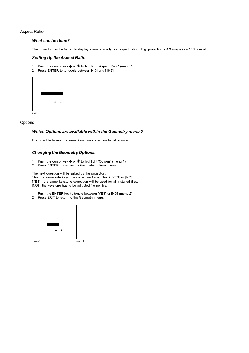 Random access adjustment mode, Changing the geometry options, Aspect ratio what can be done | Setting up the aspect ratio | Barco R9001490 User Manual | Page 69 / 93