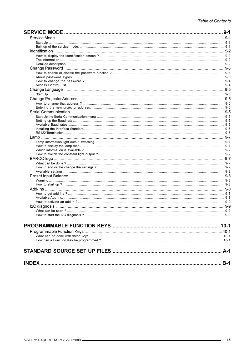 Service mode -1, Programmable function keys -1 | Barco R9001490 User Manual | Page 7 / 93