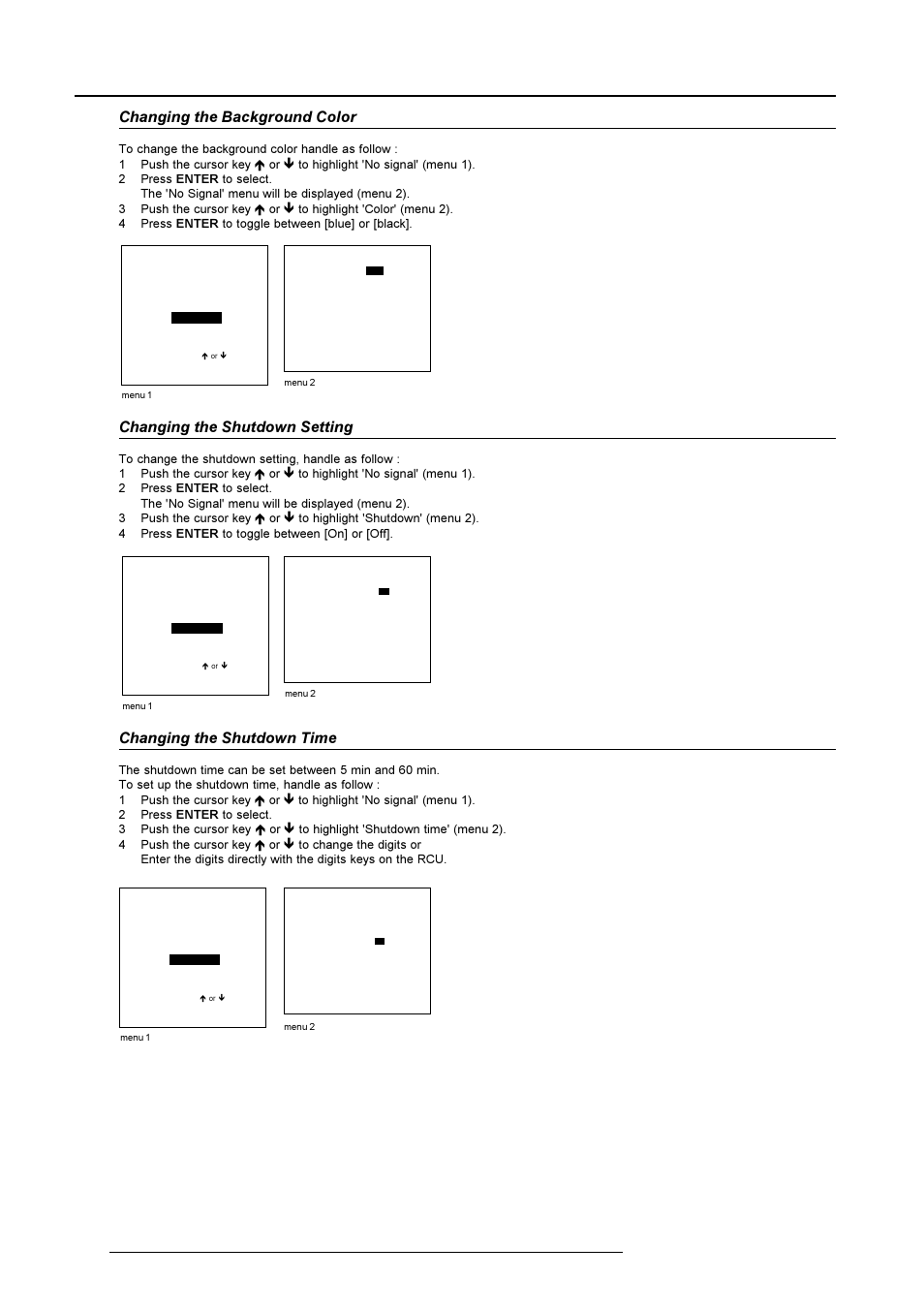 Installation mode, Changing the background color, Changing the shutdown time | Changing the shutdown setting | Barco R9001490 User Manual | Page 73 / 93