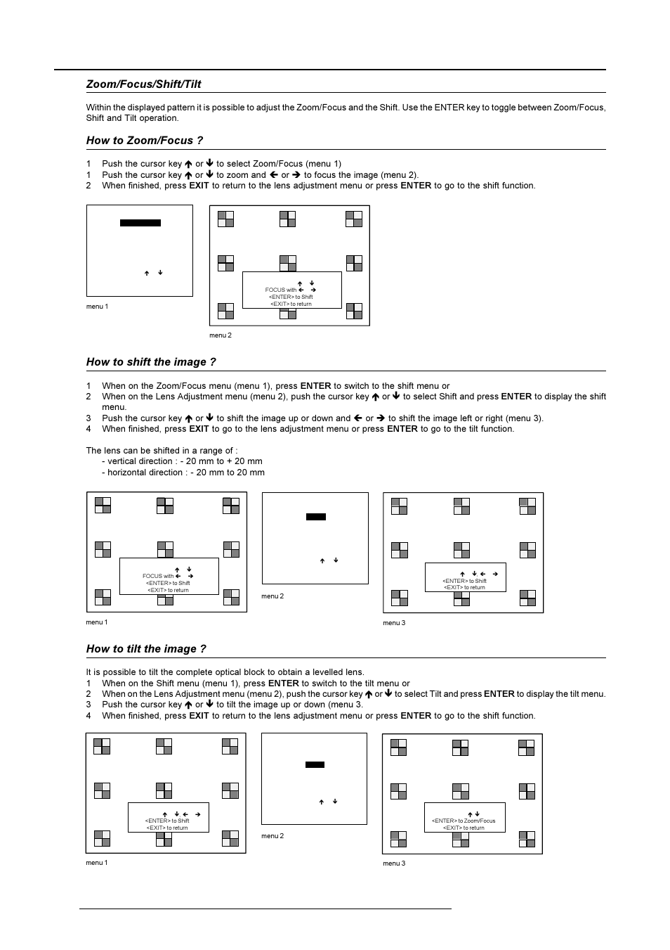 Installation mode, Zoom/focus/shift/tilt, How to zoom/focus | How to shift the image, How to tilt the image | Barco R9001490 User Manual | Page 75 / 93