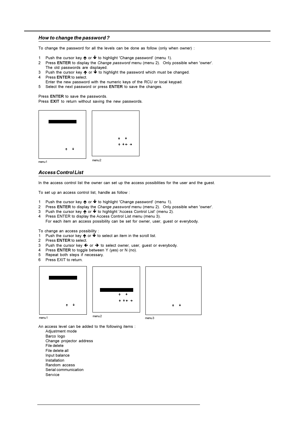 Service mode, How to change the password, Access control list | Barco R9001490 User Manual | Page 81 / 93