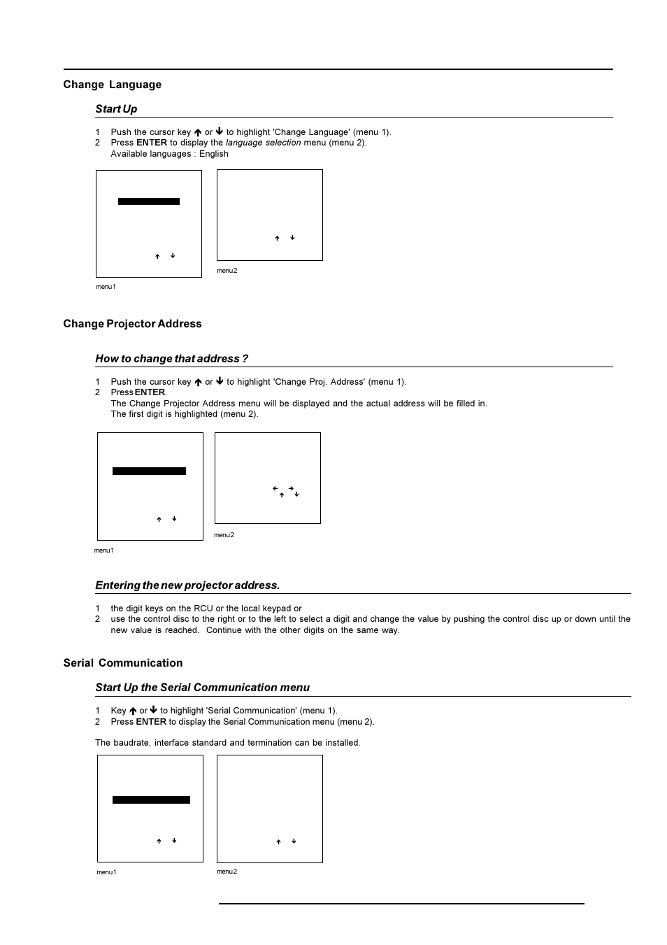 Service mode, Change language start up, Entering the new projector address | Barco R9001490 User Manual | Page 82 / 93