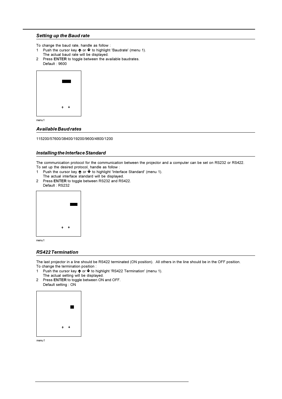 Service mode, Setting up the baud rate, Available baud rates | Installing the interface standard, Rs422 termination | Barco R9001490 User Manual | Page 83 / 93