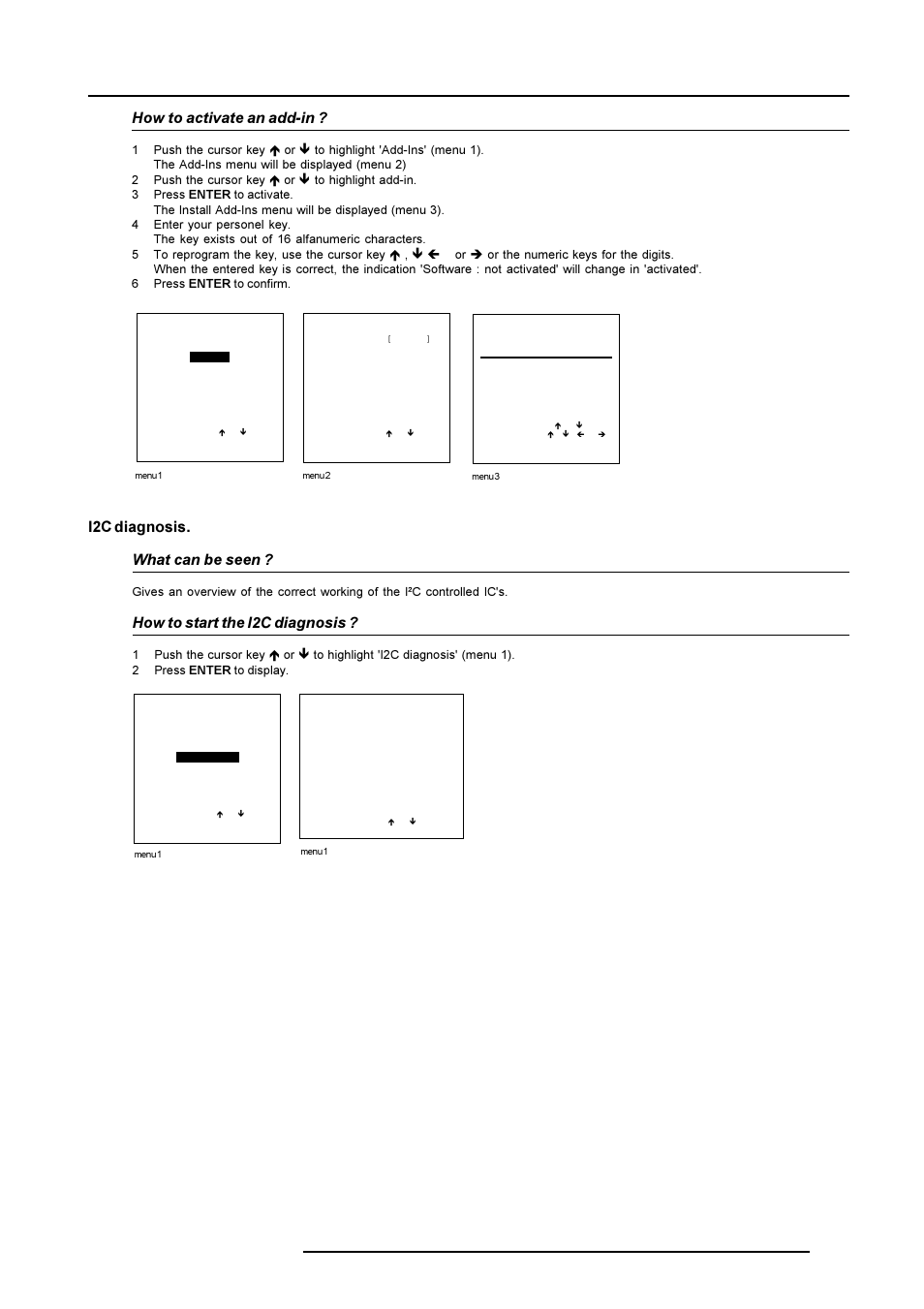 Service mode, How to activate an add-in, I2c diagnosis. what can be seen | How to start the i2c diagnosis | Barco R9001490 User Manual | Page 86 / 93