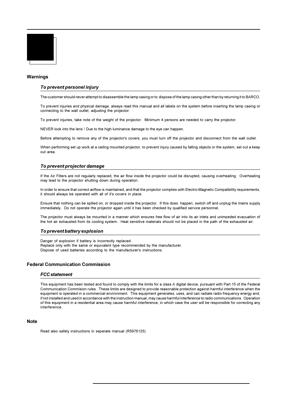 Safety instruction related to elm projectors | Barco R9001490 User Manual | Page 9 / 93