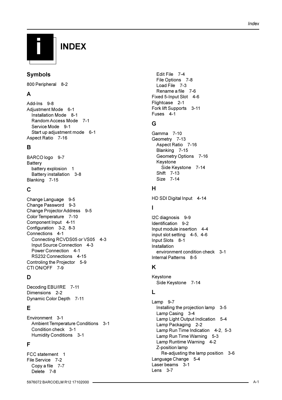 Index | Barco R9001490 User Manual | Page 92 / 93