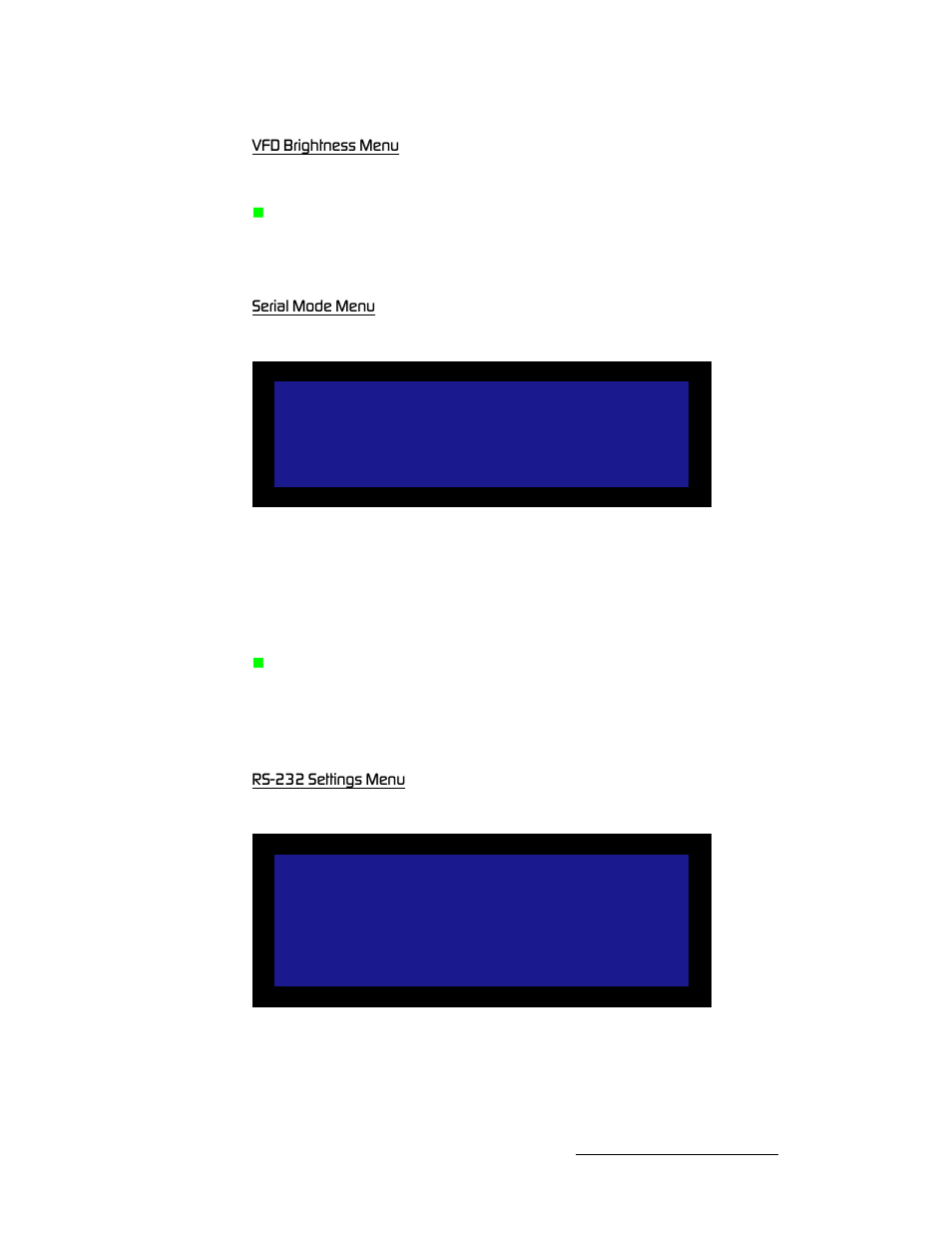 Vfd brightness menu, Serial mode menu, Rs-232 settings menu | Barco MatrixPRO HD/SD-SDI User Manual | Page 31 / 90