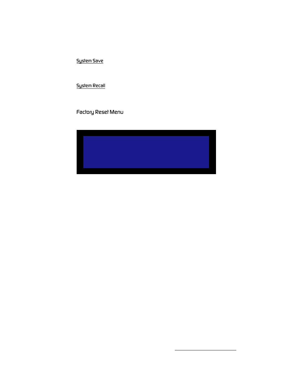 System save, System recall, Factory reset menu | C~ензку=oéëéí=jéåì | Barco MatrixPRO HD/SD-SDI User Manual | Page 33 / 90