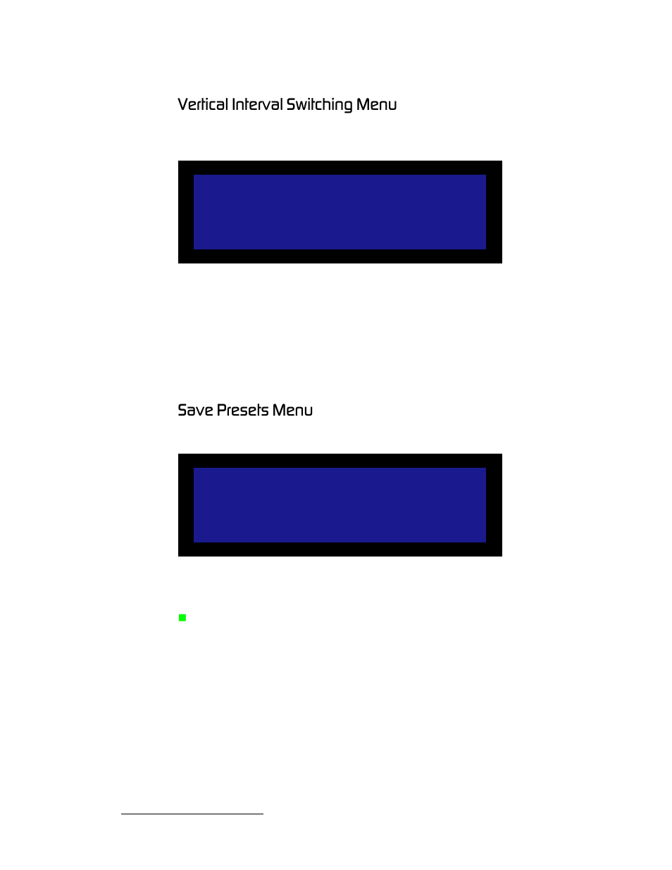 Vertical interval switching menu, Save presets menu, Vertical interval switching menu save presets menu | Séêíáå~ä=fåíéêî~ä=pïáíåüáåö=jéåì, P~îé=mêéëéíë=jéåì | Barco MatrixPRO HD/SD-SDI User Manual | Page 36 / 90