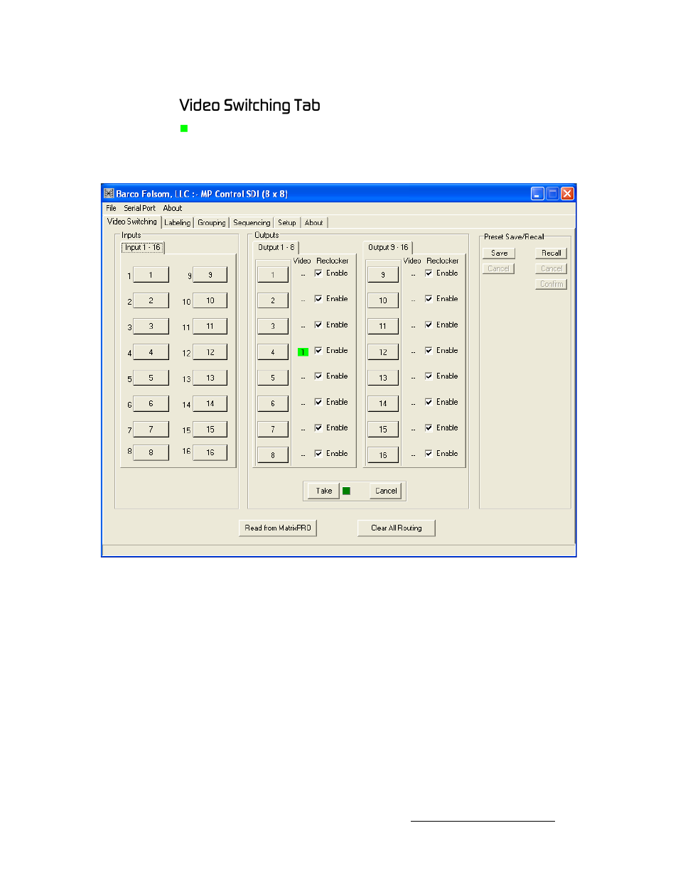 Video switching tab, Sáçéç=pïáíåüáåö=q~ä | Barco MatrixPRO HD/SD-SDI User Manual | Page 47 / 90