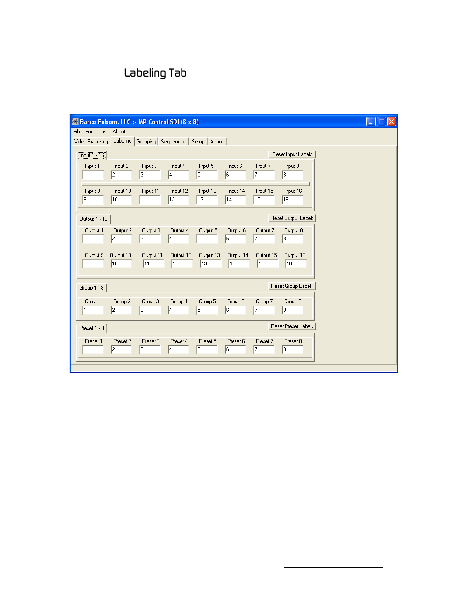 Labeling tab, I~дйдбец=q~ä | Barco MatrixPRO HD/SD-SDI User Manual | Page 49 / 90