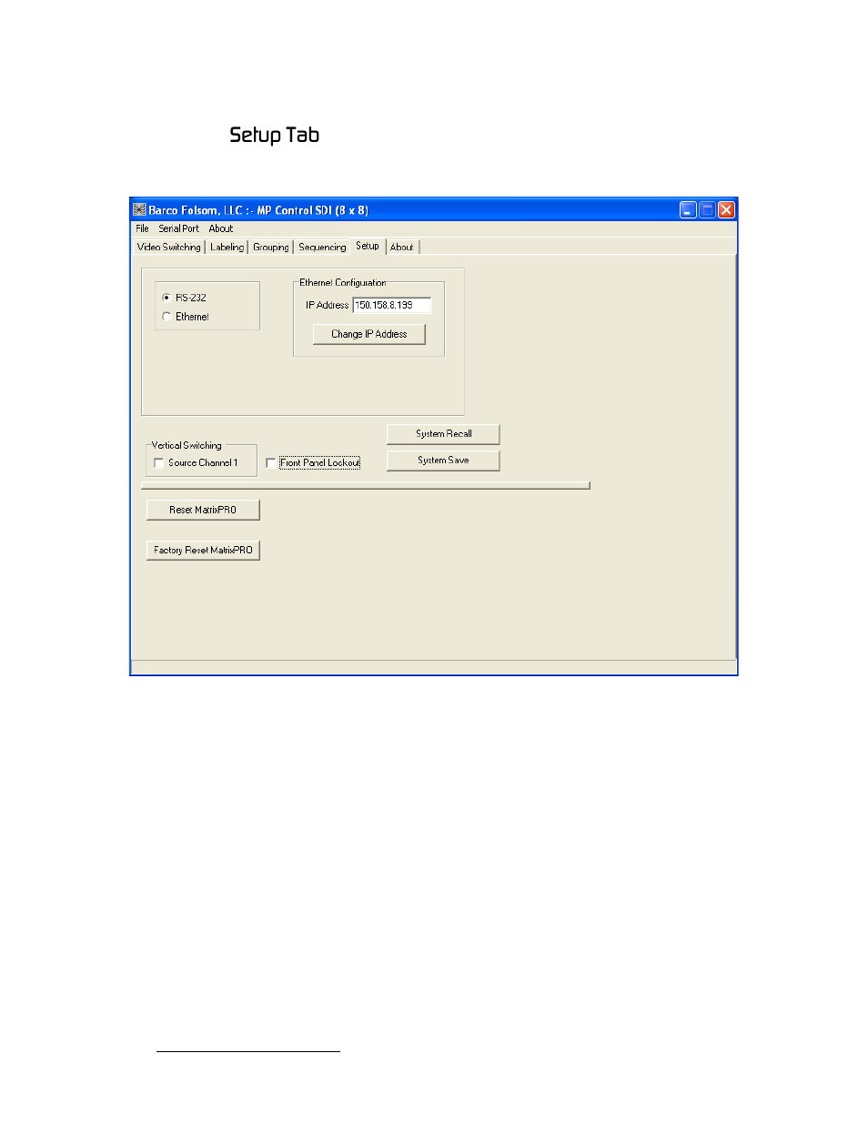 Setup tab, Péíìé=q~ä | Barco MatrixPRO HD/SD-SDI User Manual | Page 54 / 90