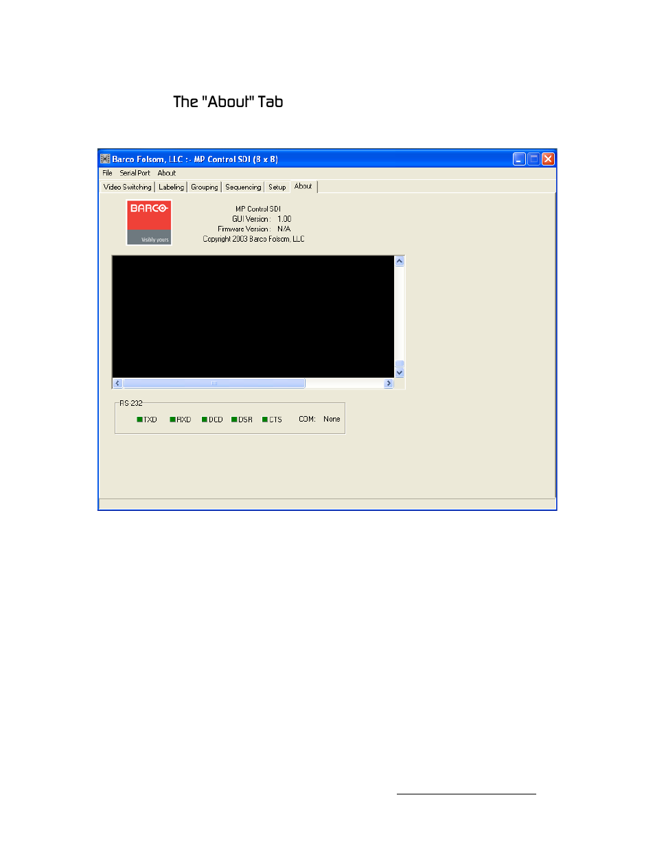 The "about" tab, Qьй=?^дзмн?=q~ä | Barco MatrixPRO HD/SD-SDI User Manual | Page 55 / 90