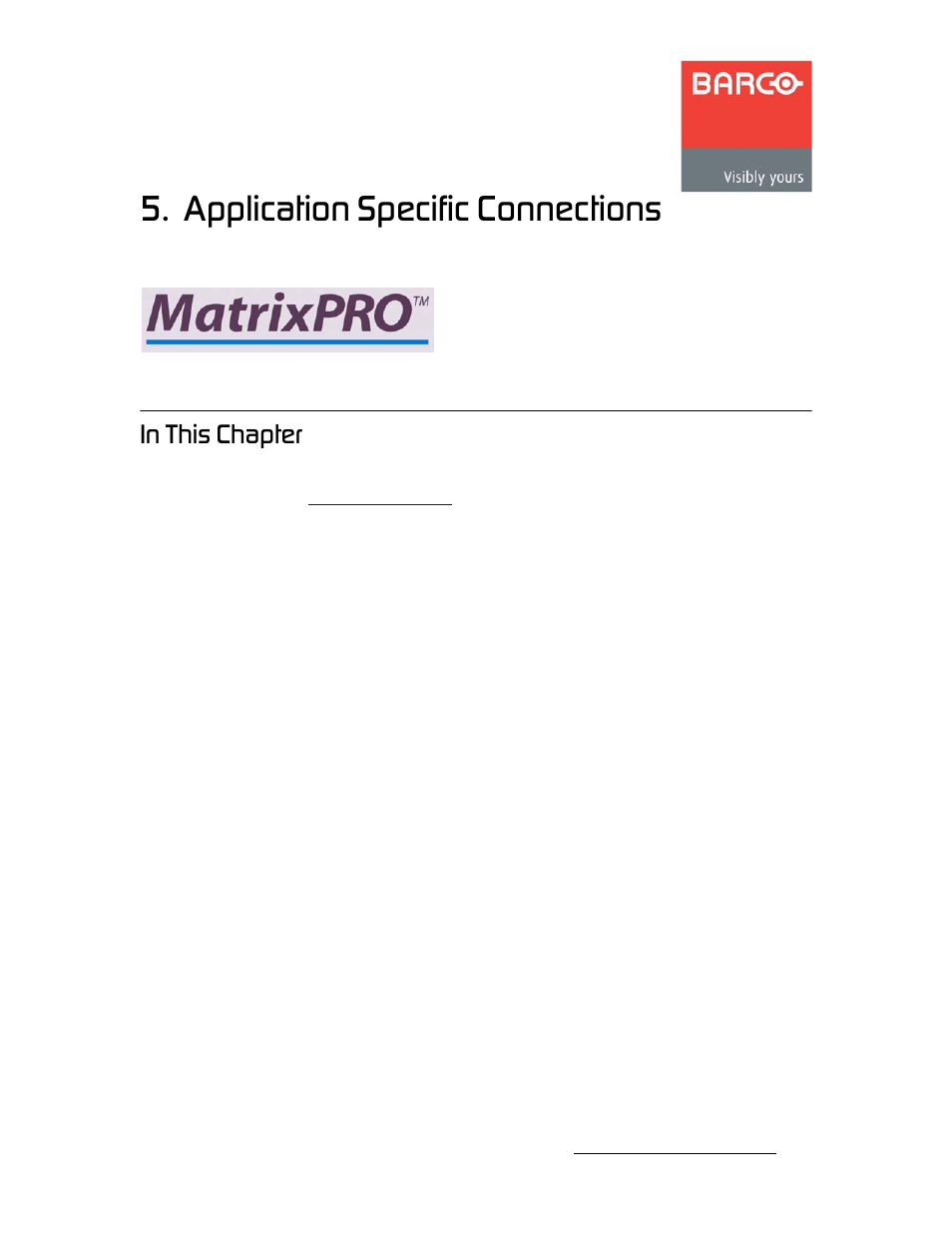 Application specific connections, In this chapter, Ь~йнйк=r | Rk==^ййдбе~нбзе=pééåáñáå=`зеейенбзел, Fе=qüáë=`ь~йнйк | Barco MatrixPRO HD/SD-SDI User Manual | Page 57 / 90