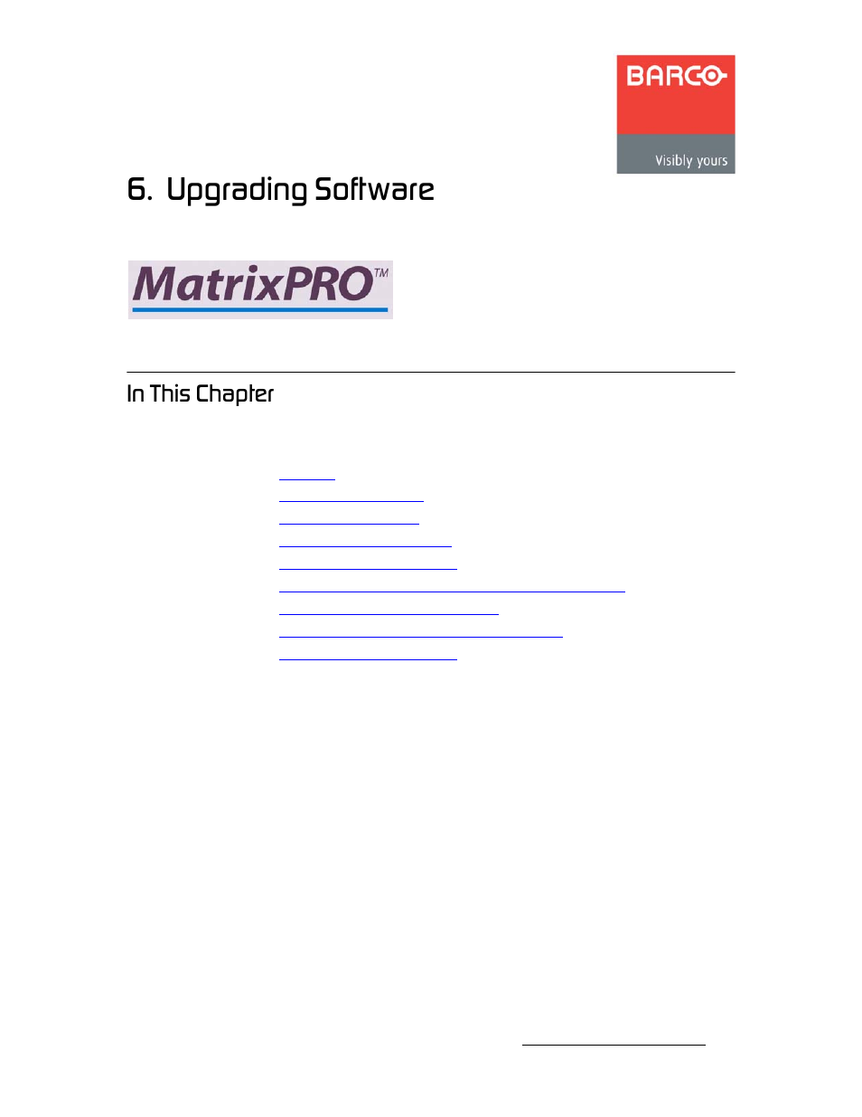 Upgrading software, In this chapter, Ь~йнйк=s | Sk==réöê~збец=pçñíï~êé, Få=qüáë=`ь~йнйк | Barco MatrixPRO HD/SD-SDI User Manual | Page 59 / 90
