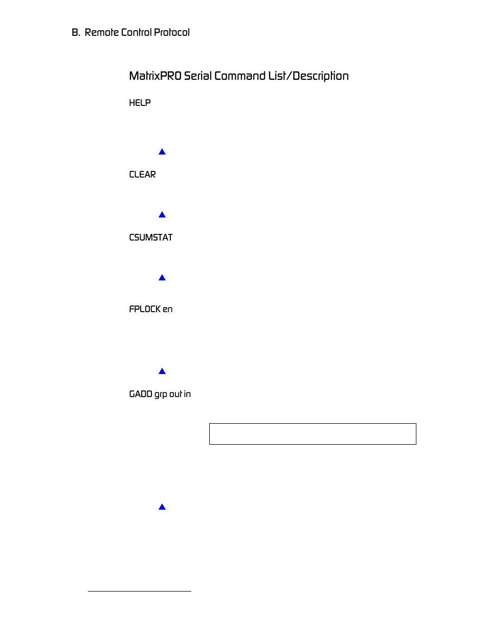 Matrixpro serial command list/description, Help, Clear | Csumstat, Fplock en, Gadd grp out in, Help clear csumstat fplock en gadd grp out in, J~íêáñmol=péêá~д=`згг~ез=iáëílaéëåêáéíáçå, K==oéãçíé=`зенкзд=mêçíçåçä | Barco MatrixPRO HD/SD-SDI User Manual | Page 76 / 90