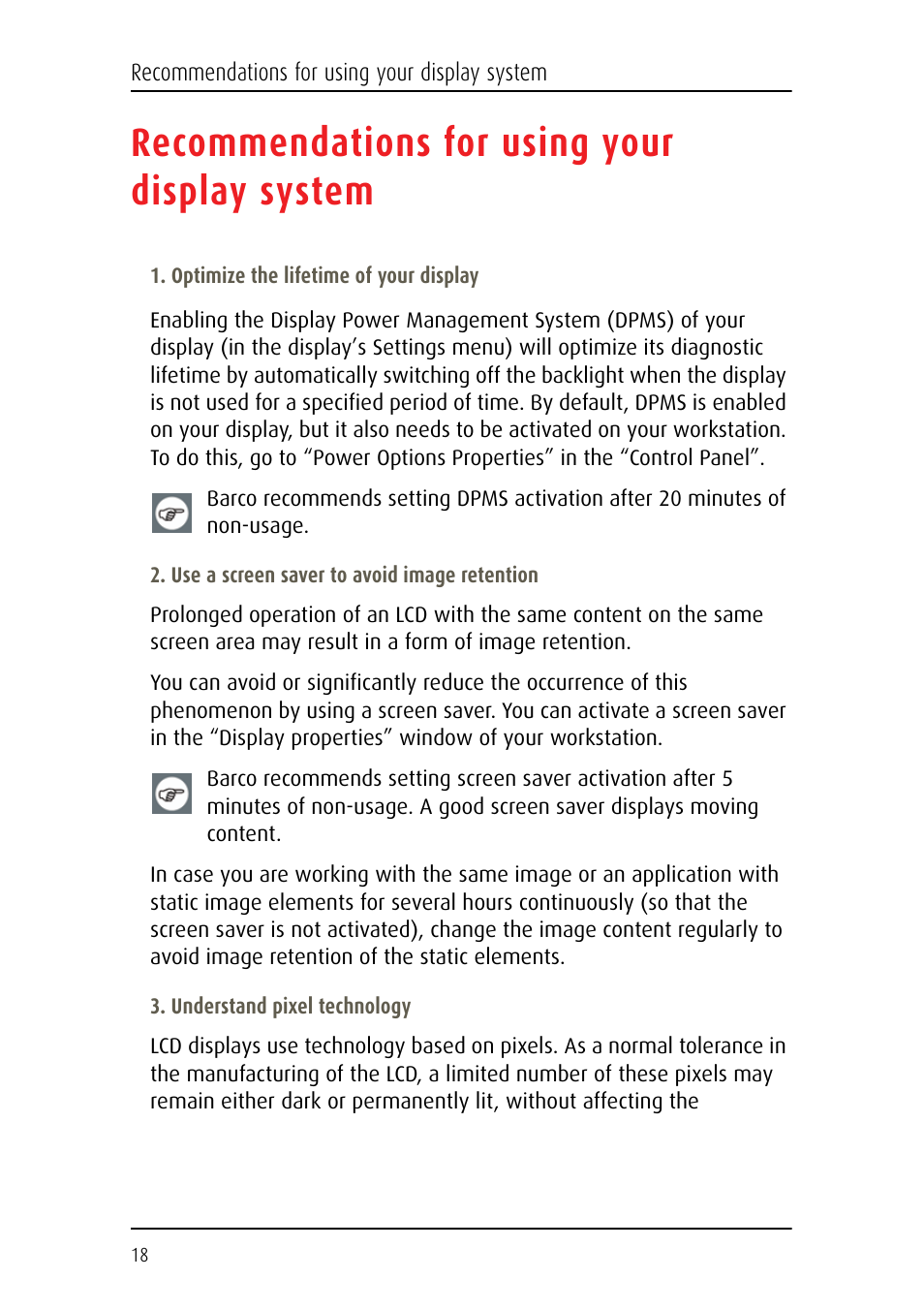 Recommendations for using your display system | Barco Coronis Fusion MDCC 6130 User Manual | Page 18 / 80