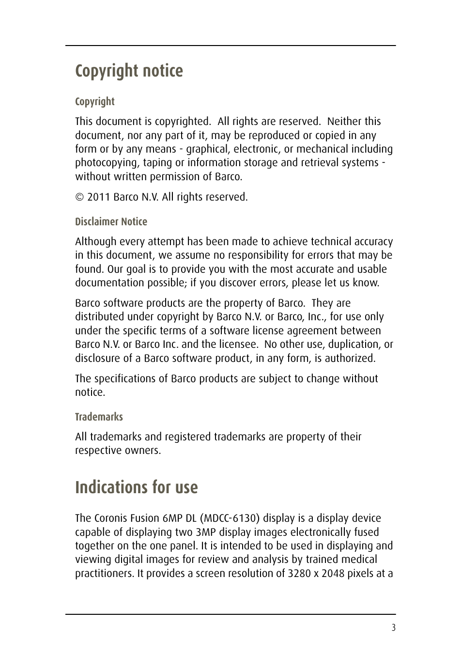 Copyright notice, Indications for use | Barco Coronis Fusion MDCC 6130 User Manual | Page 3 / 80