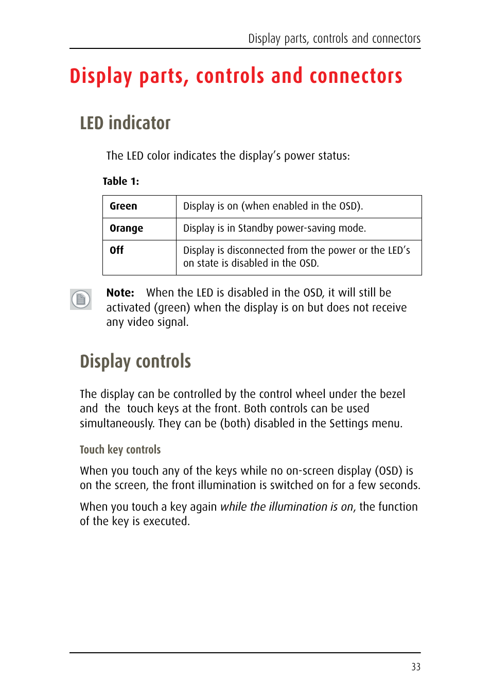 Display parts, controls and connectors, Led indicator, Display controls | Led indicator display controls | Barco Coronis Fusion MDCC 6130 User Manual | Page 33 / 80