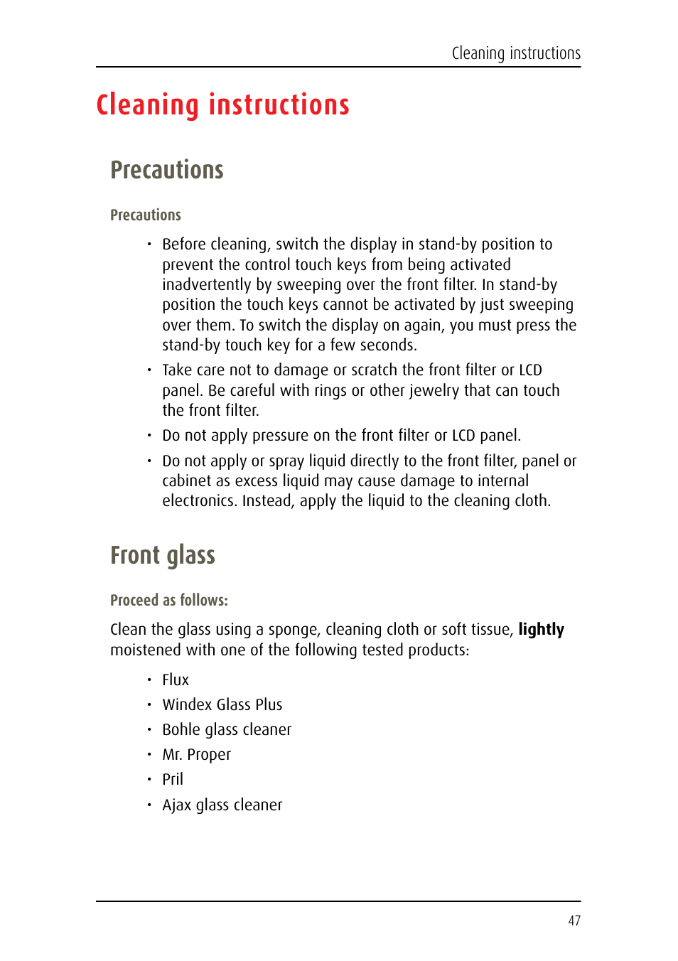 Cleaning instructions, Precautions, Front glass | Precautions front glass | Barco Coronis Fusion MDCC 6130 User Manual | Page 47 / 80