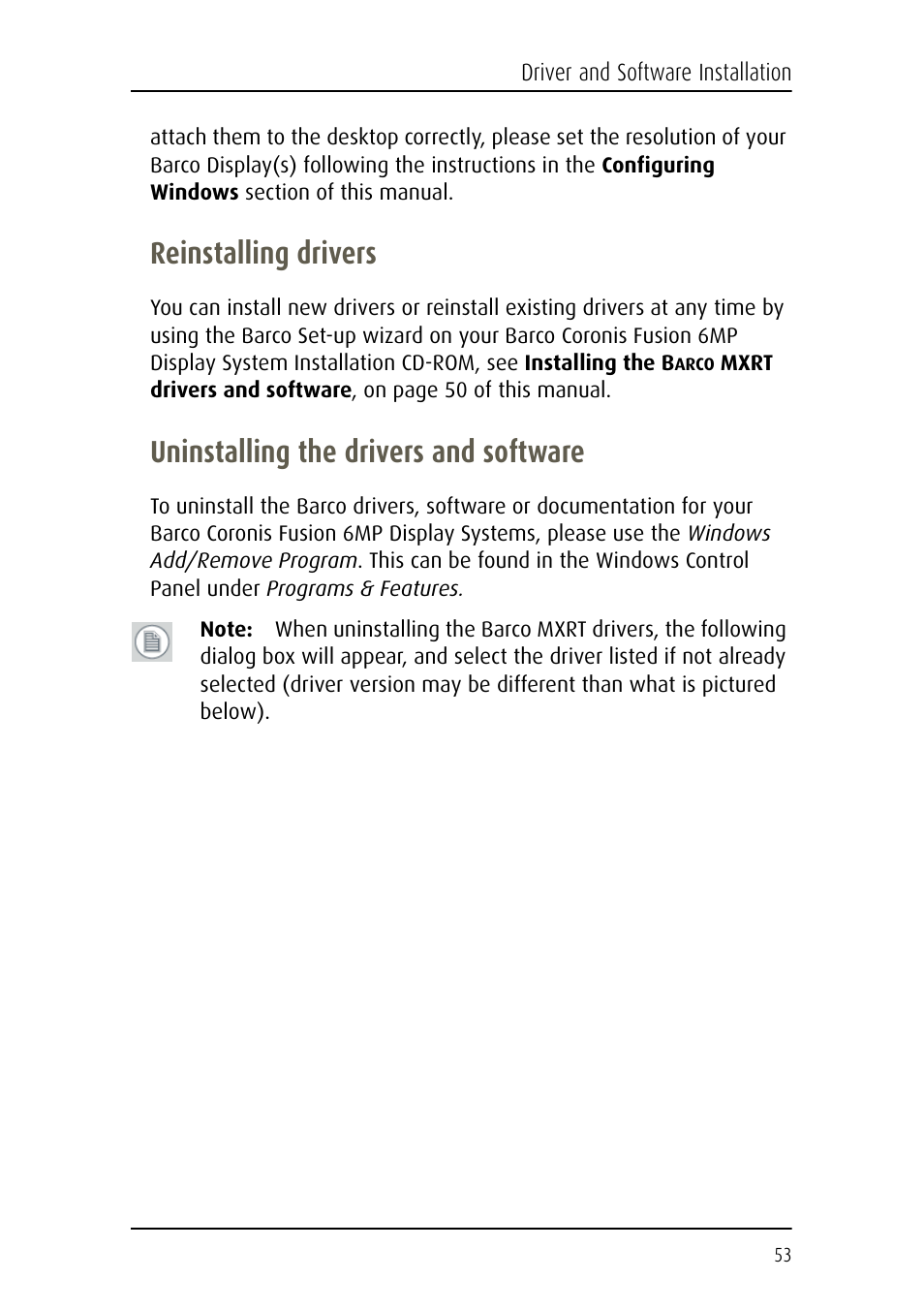 Reinstalling drivers, Uninstalling the drivers and software | Barco Coronis Fusion MDCC 6130 User Manual | Page 53 / 80
