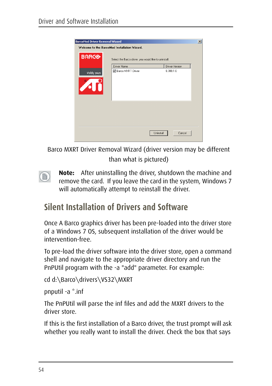 Silent installation of drivers and software | Barco Coronis Fusion MDCC 6130 User Manual | Page 54 / 80