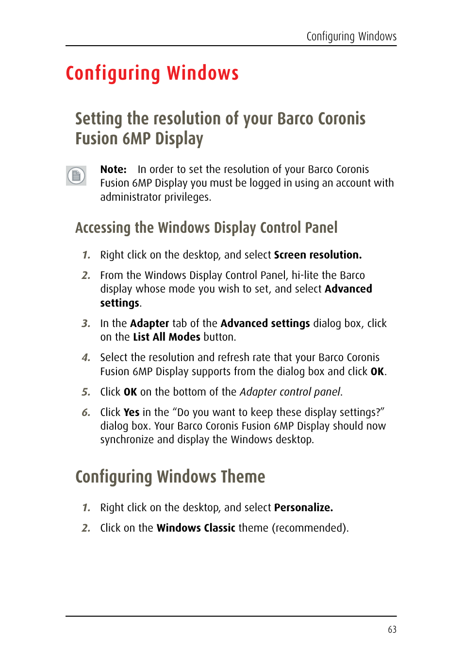 Configuring windows, Configuring windows theme, Display | Accessing the windows display control panel | Barco Coronis Fusion MDCC 6130 User Manual | Page 63 / 80