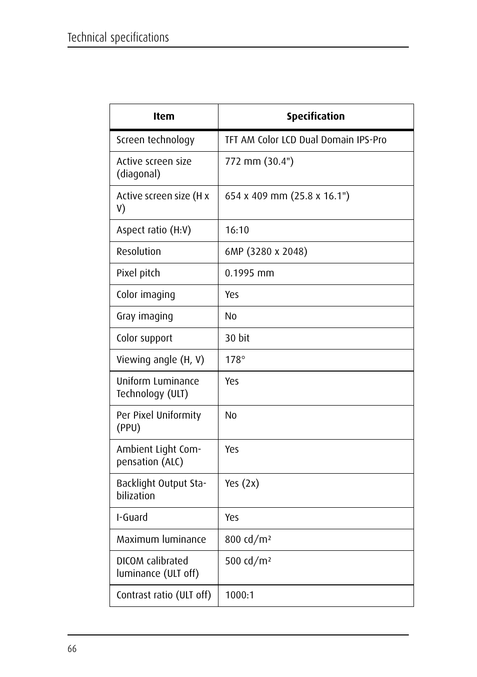 Technical specifications | Barco Coronis Fusion MDCC 6130 User Manual | Page 66 / 80