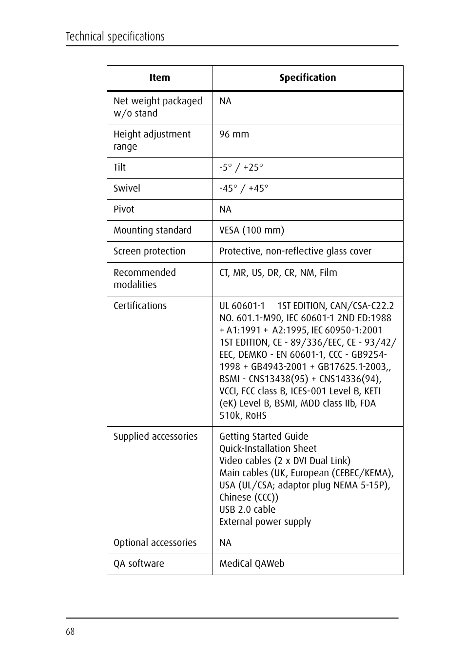 Technical specifications | Barco Coronis Fusion MDCC 6130 User Manual | Page 68 / 80