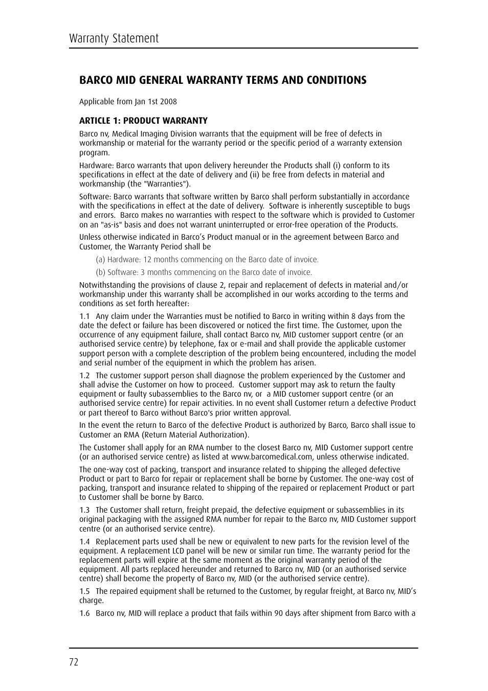 Warranty statement, Barco mid general warranty terms and conditions | Barco Coronis Fusion MDCC 6130 User Manual | Page 72 / 80