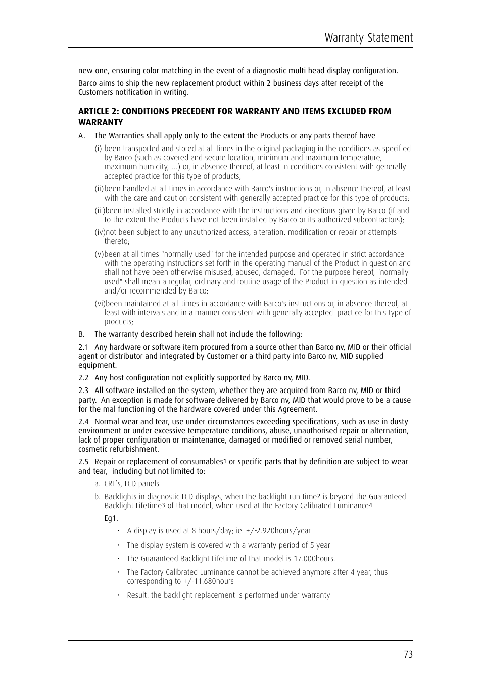 Warranty statement | Barco Coronis Fusion MDCC 6130 User Manual | Page 73 / 80