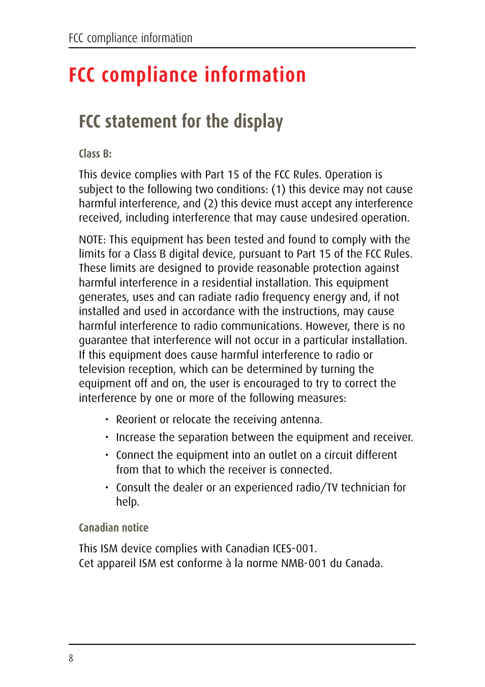 Fcc compliance information, Fcc statement for the display | Barco Coronis Fusion MDCC 6130 User Manual | Page 8 / 80