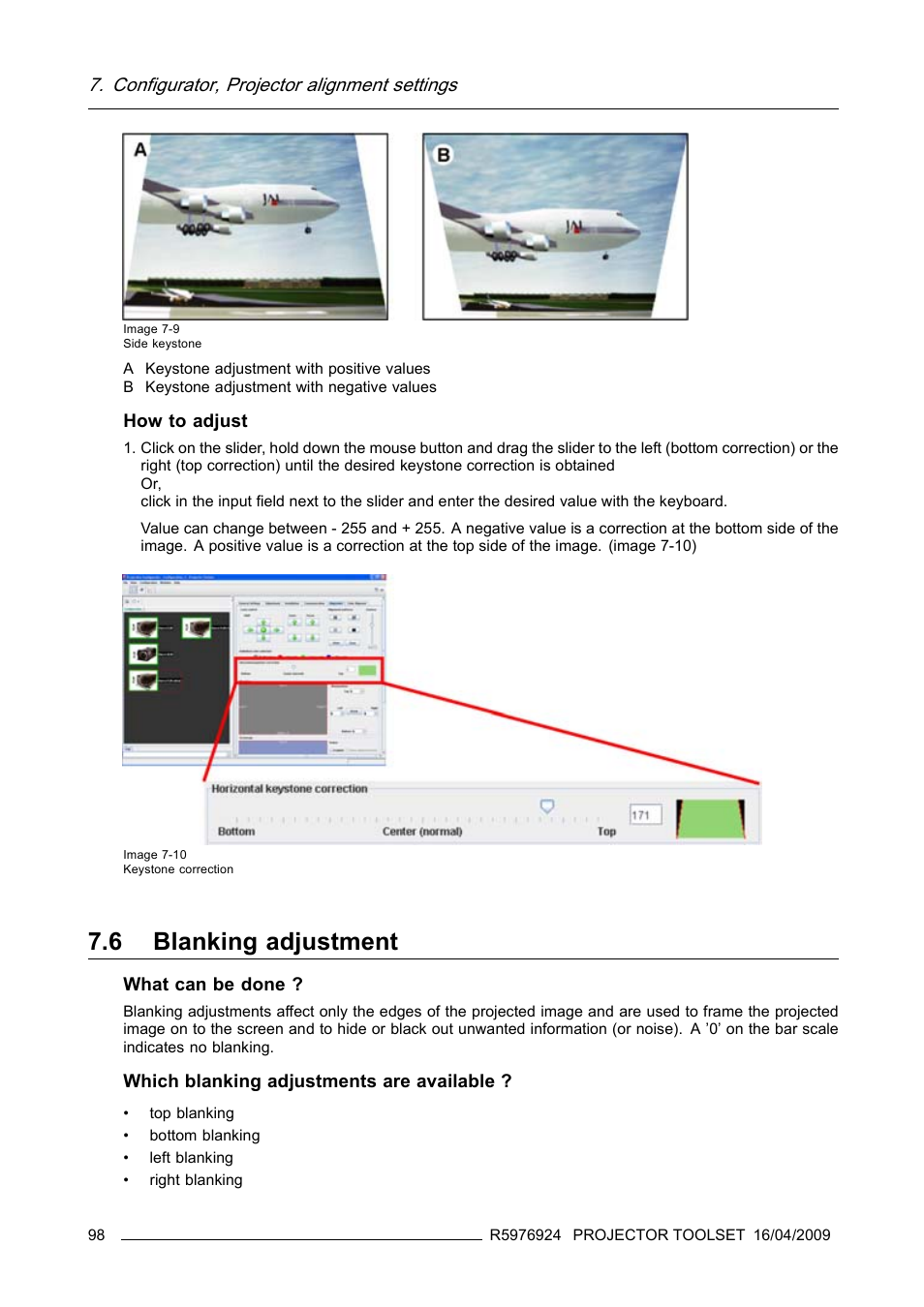 6 blanking adjustment, Blanking adjustment, Configurator, projector alignment settings | Barco R5976924 User Manual | Page 102 / 245