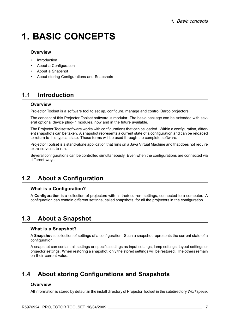 Basic concepts, 1 introduction, 2 about a configuration | 3 about a snapshot, 4 about storing configurations and snapshots, Introduction, About a configuration, About a snapshot, About storing configurations and snapshots | Barco R5976924 User Manual | Page 11 / 245