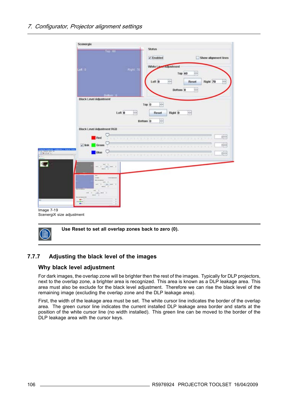 7 adjusting the black level of the images, Configurator, projector alignment settings | Barco R5976924 User Manual | Page 110 / 245