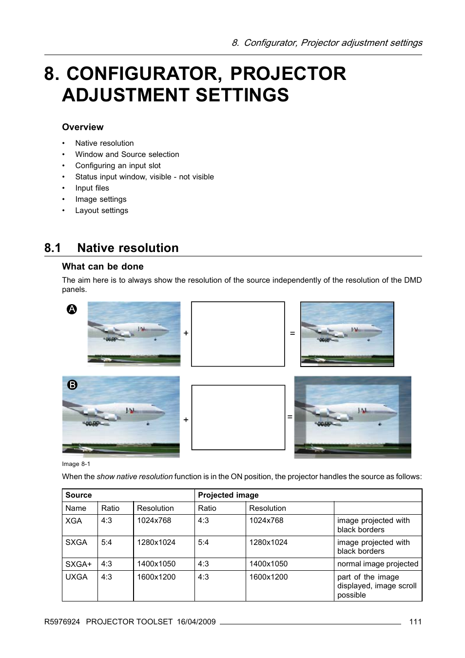 Configurator, projector adjustment settings, 1 native resolution, Native resolution | Barco R5976924 User Manual | Page 115 / 245