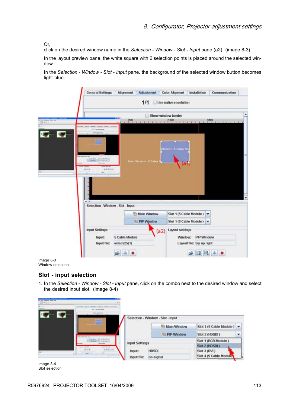 Configurator, projector adjustment settings, Slot - input selection | Barco R5976924 User Manual | Page 117 / 245