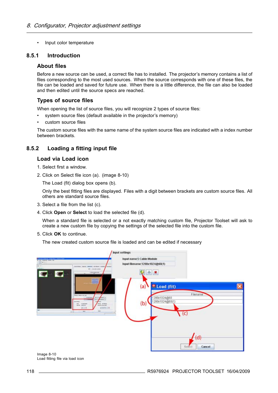 1 introduction, 2 loading a fitting input file, 1 introduction 8.5.2 loading a fitting input file | Introduction, Loading a fitting input file, Configurator, projector adjustment settings | Barco R5976924 User Manual | Page 122 / 245