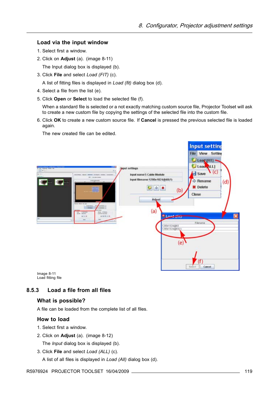 3 load a file from all files, Load a file from all files, Configurator, projector adjustment settings | Barco R5976924 User Manual | Page 123 / 245