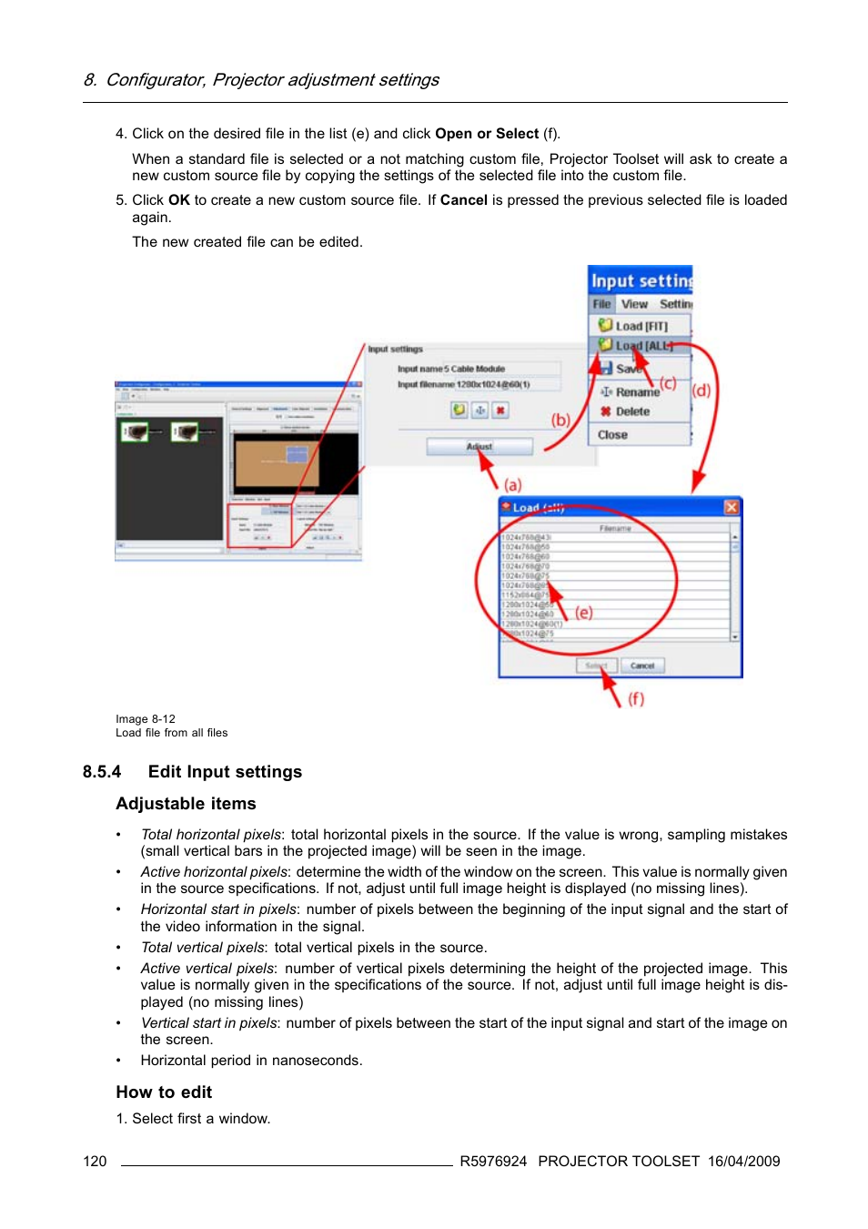 4 edit input settings, Edit input settings, Configurator, projector adjustment settings | Barco R5976924 User Manual | Page 124 / 245