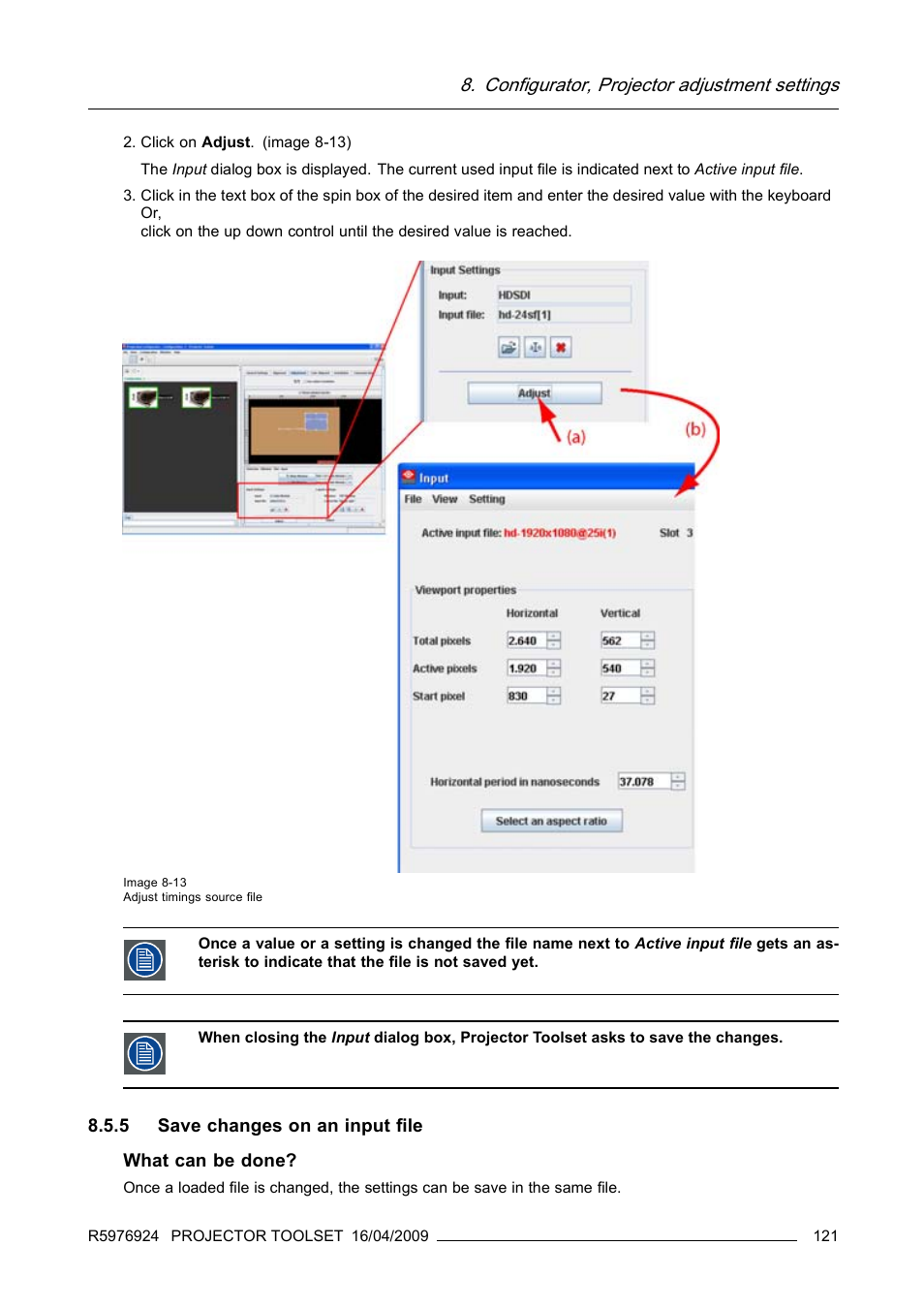 5 save changes on an input file, Save changes on an input file, Configurator, projector adjustment settings | Barco R5976924 User Manual | Page 125 / 245