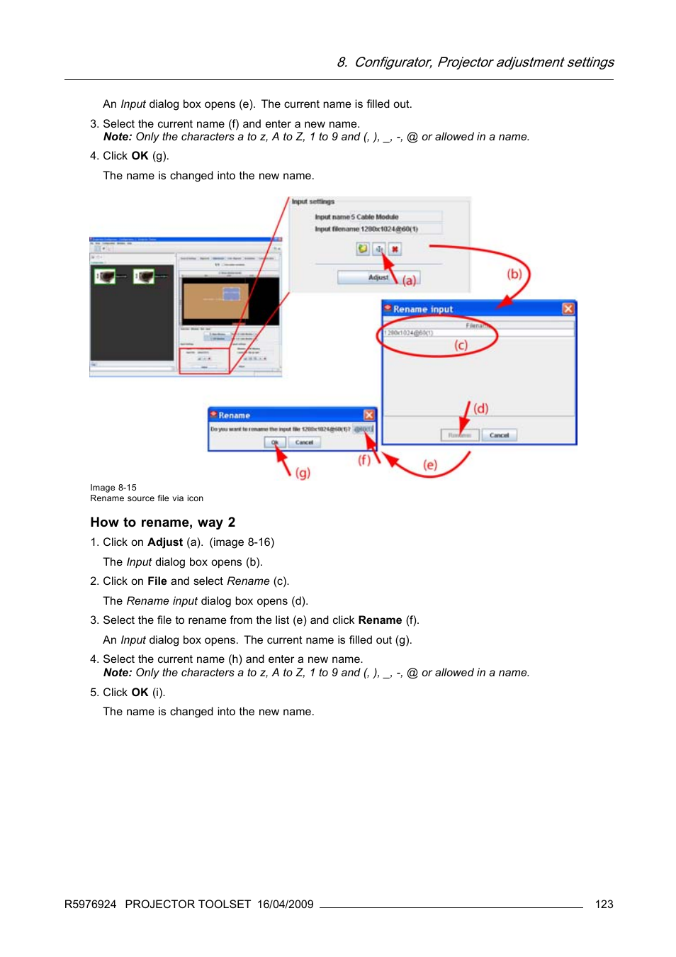 Configurator, projector adjustment settings, How to rename, way 2 | Barco R5976924 User Manual | Page 127 / 245