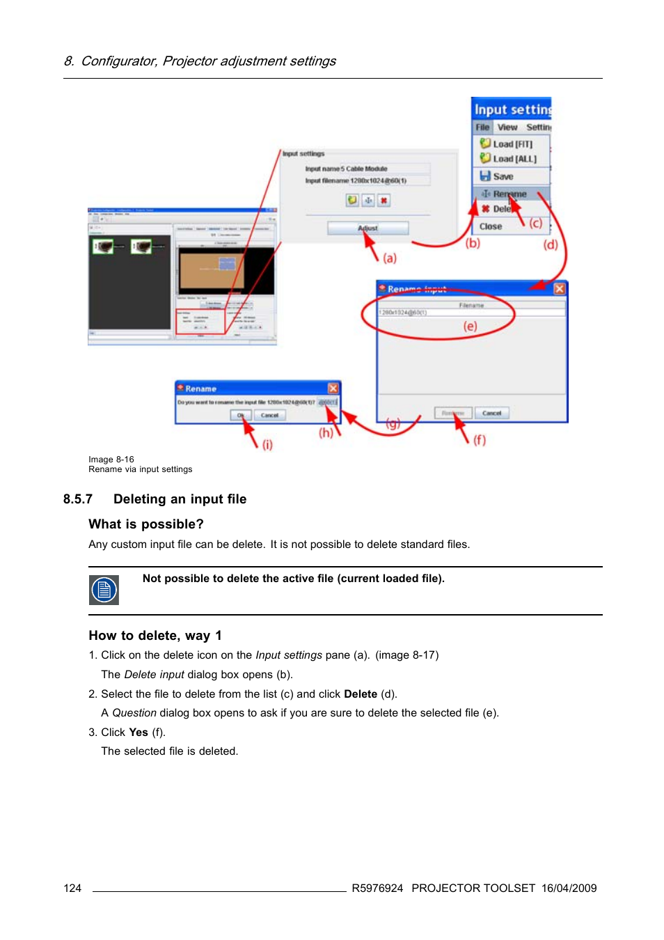 7 deleting an input file, Deleting an input file, Configurator, projector adjustment settings | Barco R5976924 User Manual | Page 128 / 245